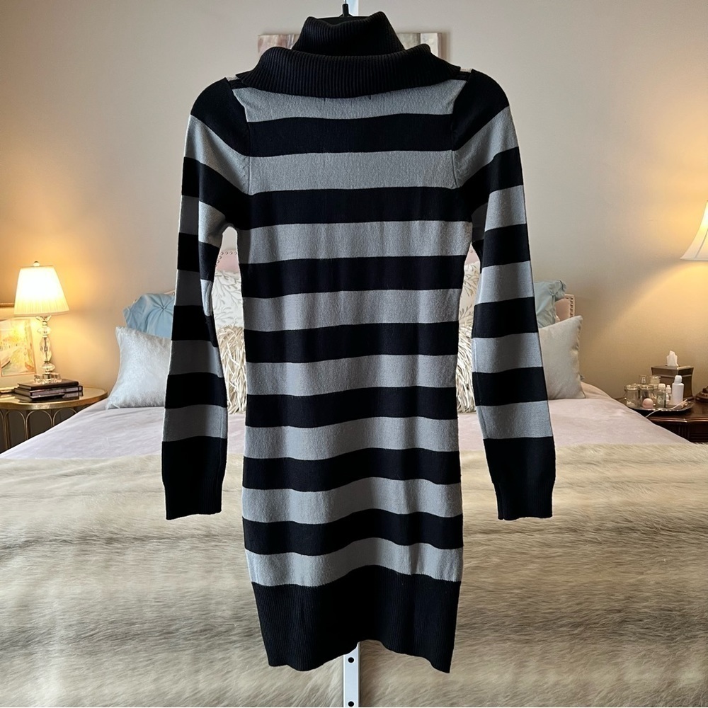 PLANET GOLD Black Gray S Striped Long Sleeve Turtleneck Sweater Dress Y2K Warm - Picture 3 of 12